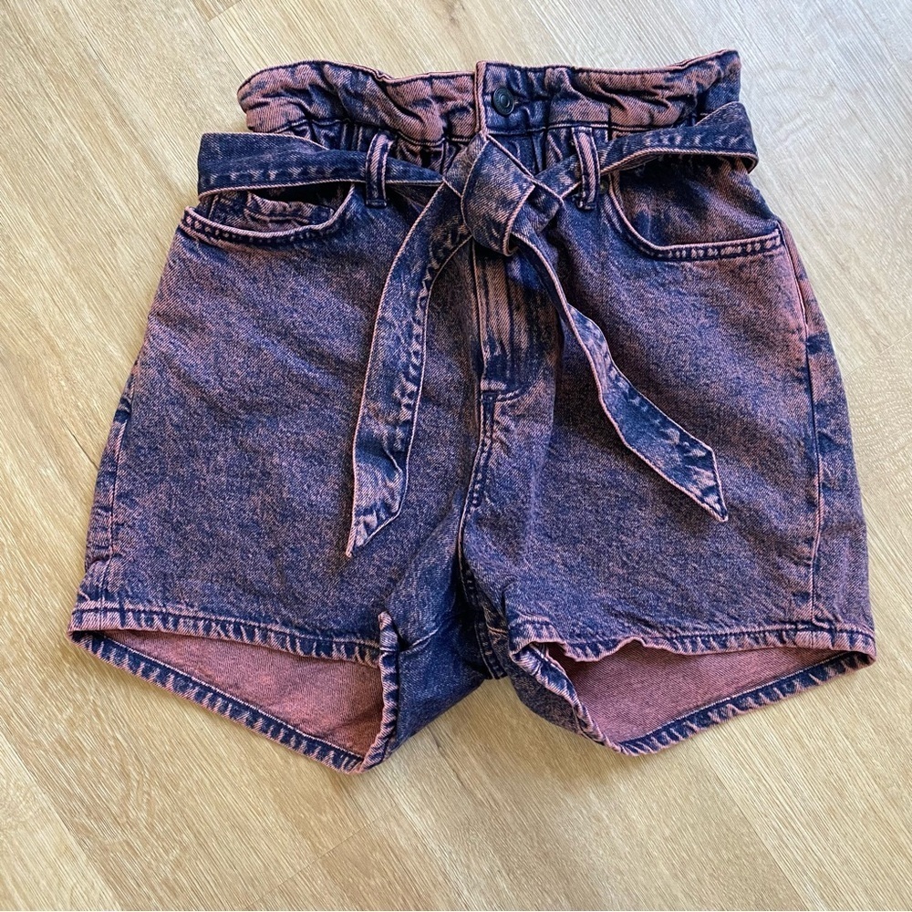 NEW All Saints Paperbag Waist Acid Wash Purple Pink Shorts
